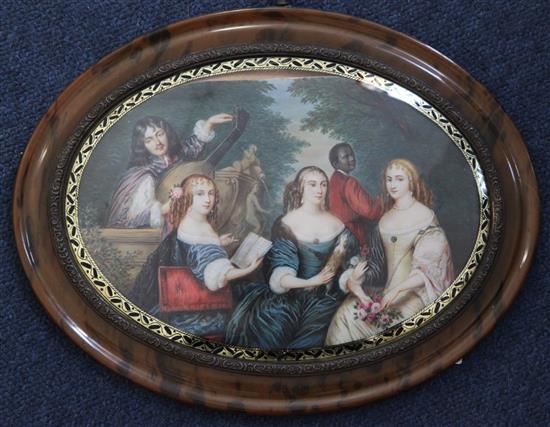 French School Ladies in a garden with attendants oval, 6 x 8in.